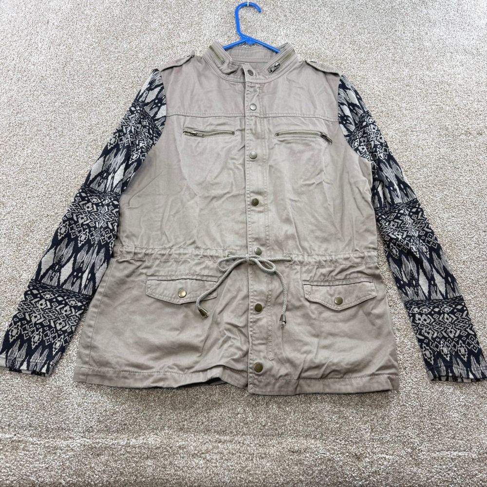 Black Rainn Womens Khaki Utility Jacket Tribal Sleeves L Geometric Drawstring